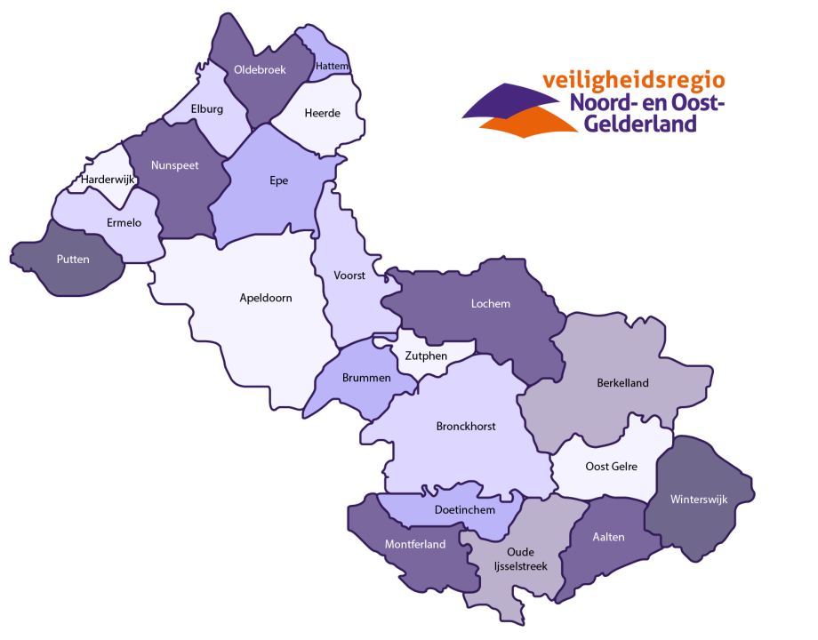 Kaart waarbij elke gemeente die in de regio Noord- en Oost-Gelderland valt staat ingetekend. De naam van de gemeente staat vermeld en de gemeentegrenzen zijn aangegeven